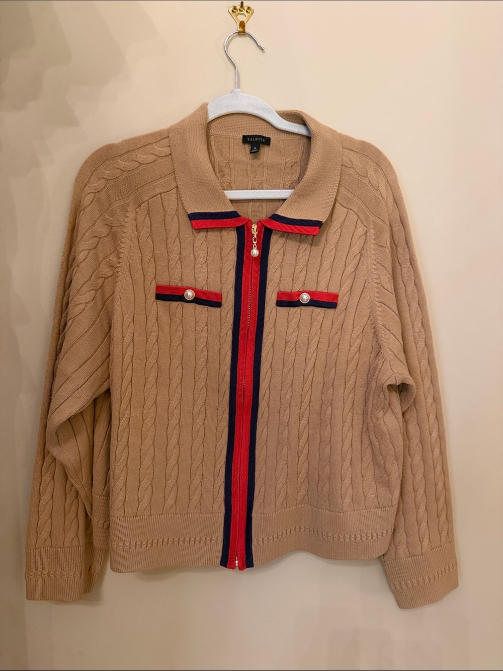 Talbots Beige Cable-Knit Zip Cardigan with Red & Navy Trim